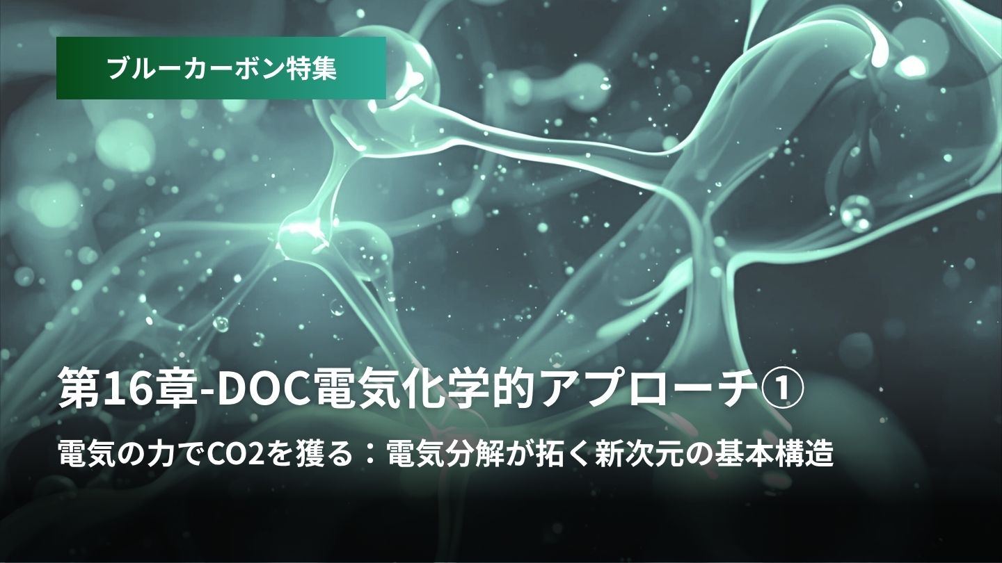 「ブルーカーボン特集:第16章 – DOC電気化学的アプローチ  ①電気の力でCO2を獲る  電気分解が拓く新次元の基本構造」のアイキャッチ画像